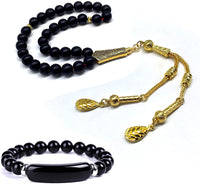 Black Agate Stone Prayer Beads and Bracelet -Worry Beads-Tesbih-Tasbih-Tasbeeh-Misbaha-Masbaha-Subha-Sebha-Rosary (Black Agate Stone / Gold Tassel)