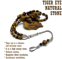 ALBATROSART -Elegance Collection- Prayer Beads-Tesbih-Tasbih-Tasbeeh-Misbaha-Masbaha-Subha-Sebha-Sibha-Rosary (Tiger Eye Natural Stone -6x9 mm 33 Oval Beads-Drop Tassel & Bracelet)