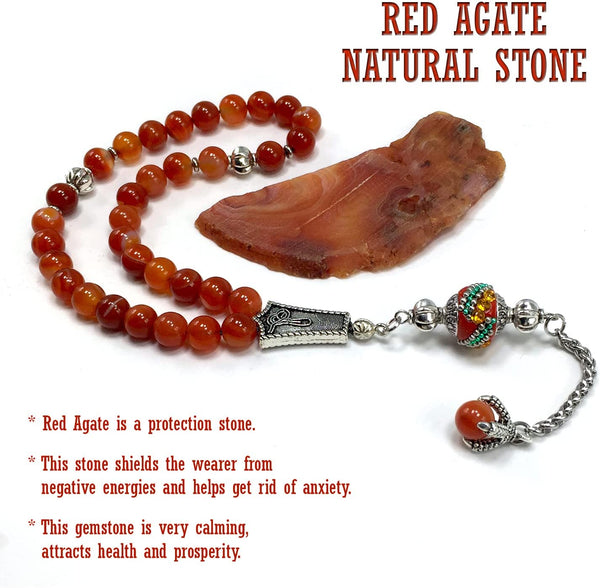 ALBATROSART - Fantastic Eagle Claw Series Worry Beads (8mm -33 Beads) - Prayer Beads Tesbih-Tasbih-Tasbeeh-Misbaha-Subha-Sebha-Sibha-Rosary  (Natural Striped Red Agate Beads)