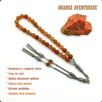 ALBATROSART -Orange Aventurine Stone -8mm -33 Beads - Worry Beads with Matching Stretch Ring - Elastic Ring with Replaceable Snap Button -Tesbih-Tasbih-Misbaha-Subha-Sibha-Rosary