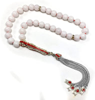 ALBATROSART -Elegance Collection- Prayer Beads-Tesbih-Tasbih-Tasbeeh-Misbaha-Masbaha-Subha-Sebha-Sibha-Rosary (White Jade with Zirconia Stone Silver Plated Tassel - Prayer Beads -8 mm, 33 Beads-)