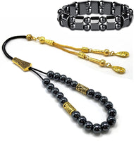 Greek KOMBOLOI Series Worry Beads Begleri Pony Anxiety Beads Rosary Relaxation Stress Relief (Black/Gold Hematite Beads & Bracelet - 8 mm, 21 Beads -)