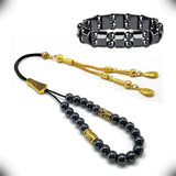 Greek KOMBOLOI Series Worry Beads Begleri Pony Anxiety Beads Rosary Relaxation Stress Relief (Black/Gold Hematite Beads & Bracelet - 8 mm, 21 Beads -)