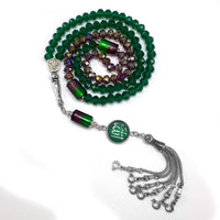 Special for Women Muslim Prayer Beads- Tesbih-Tasbih-Tasbeeh-Misbaha-Masbaha-Subha-Sebha-Sibha-Worry Beads (Dark Green & Purple Crystal - 6x8 mm 99 Beads - Allah Tasselt)