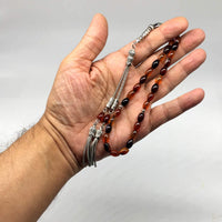 ALBATROSART -Prestige Series -2-  (9x6mm 33 Beads) Worry Beads-Prayer Beads-Tesbih-Tasbih-Tasbeeh-Misbaha-Masbaha-Subha-Rosary (Oval Red-Black Agate Stone Prayer Beads)