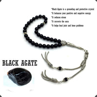 ALBATROSART -Black Agate Stone -8 mm -33 Beads - Worry Beads with Matching Stretch Ring - Elastic Ring with Replaceable Snap Button -Tesbih-Tasbih-Misbaha-Subha-Sibha-Rosary