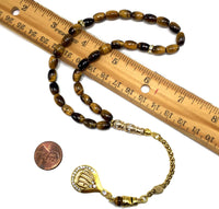 Tiger Eye Natural Stone Prayer Beads-Tesbih-Tasbih-Tasbeeh-Misbaha-Masbaha-Subha-Sebha-Sibha-Rosary (Tiger Eye Natural Stone -6x9 mm 33 Oval Beads- Allah Tassel & Bracelet)