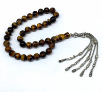 Big Prayer Beads-Worry Beads-Tesbih-Tasbih-Tasbeeh-Misbaha-Masbaha-Subha-Sebha-Sibha-Rosary (-Tiger Eye Natural Stone with Metal Tassel -10mm-33 Beads-)