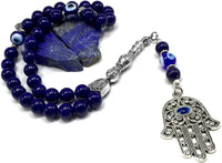 Handmade Special Evil Eye Beaded Collection Worry Beads - Prayer Beads Tesbih-Tasbih-Tasbeeh-Misbaha-Masbaha-Subha-Rosary (Lapis Lazuli -8 mm 33 Beads- Natural Stone & Evil Eye Hamsa Tassel)