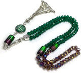 Special for Women Muslim Prayer Beads- Tesbih-Tasbih-Tasbeeh-Misbaha-Masbaha-Subha-Sebha-Sibha-Worry Beads (Dark Green & Purple Crystal - 6x8 mm 99 Beads - Allah Tasselt)