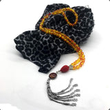 ALBATROSART -99 Beads with Scarf -Prayer Beads-Worry Beads-Tesbih-Tasbih-Tasbeeh-Misbaha-Subha-Sibha-Rosary (Leopar Shawl & Synthetic Golden -8 mm- Beads -Allah Tassel)