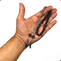 ALBATROSART Design - Long & Stylist Tassels Worry Beads - Prayer Beads (8 mm-33 Beads) Tesbih-Tasbih-Tasbeeh-Misbaha-Subha-Sebha-Sibha-Rosary (Hematite with Red Agate)