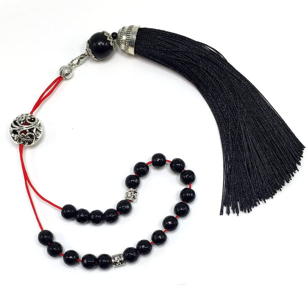ALBATROSART Design - Greek KOMBOLOI Series Worry Beads Begleri Pony Anxiety Beads Rosary Relaxation Stress Relief  (Black Agate Natural Stone - 8 mm, 21- Beads)