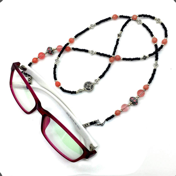 -HANDMADE Eyeglass Chains Elegant Eyewear Retainer Beaded Eyeglass Strap Holder Natural Stone Beaded Eyewear Retainer (PINK QUARTZ Stone Beaded Design)