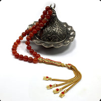 ALBATROSART -Elegance Collection- Prayer Beads-Tesbih-Tasbih-Tasbeeh-Misbaha-Masbaha-Subha-Sebha-Sibha-Rosary (Red Agate with Zirconia Stone Gold Plated Tassel -8 mm 33 Beads-)