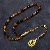 Tiger Eye Stone Series Worry Beads - Prayer Beads - Tesbih-Tasbih-Tasbeeh-Misbaha-Masbaha-Subha-Sebha-Sibha-Rosary (Oval Cut Gold Model 6x9 mm)