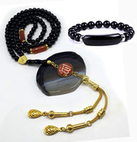 Special Prayer Beads Series Tesbih Tasbih Tasbeeh Misbaha Masbaha Subha Sebha Sibha (Black Shiny Agate Stone and Bracelet -6 mm 99 Small Beads-)