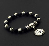 ALBATROSART - Elegant New Bracelet Series - (Ethnic Wallet Gift) (Black Matte Onyx-Silver Plated -8 mm- Beads Bracelet with Allah Pattern)