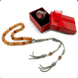 ALBATROSART -Orange Aventurine Stone -8mm -33 Beads - Worry Beads with Matching Stretch Ring - Elastic Ring with Replaceable Snap Button -Tesbih-Tasbih-Misbaha-Subha-Sibha-Rosary