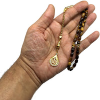 Tiger Eye Stone Series Worry Beads - Prayer Beads - Tesbih-Tasbih-Tasbeeh-Misbaha-Masbaha-Subha-Sebha-Sibha-Rosary (Oval Cut Gold Model 6x9 mm)