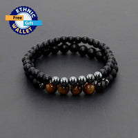 Elegant New Bracelet Series: Black Matte Onyx/Tiger Eye Stone Bracelet Set (ETHNIC WALLET GIFT)