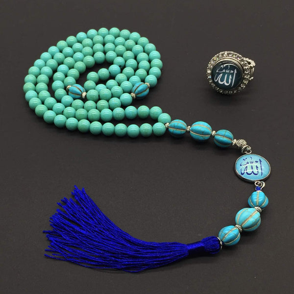 ALBATROSART -Synthetic Turquoise -8mm -99 Beads - Worry Beads with Matching Stretch Ring - Elastic Ring with Replaceable Snap Button -Tesbih-Tasbih-Misbaha-Subha-Sibha-Rosary