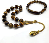 Relaxing Stress Relief Big Beads Prayer Beads, Worry Beads, EFE Tesbih, Maskot Tesbih, Tasbih, Rosary (Tiger Eye Natural Stone Beads and Bracelet- 12mm-17 Beads)