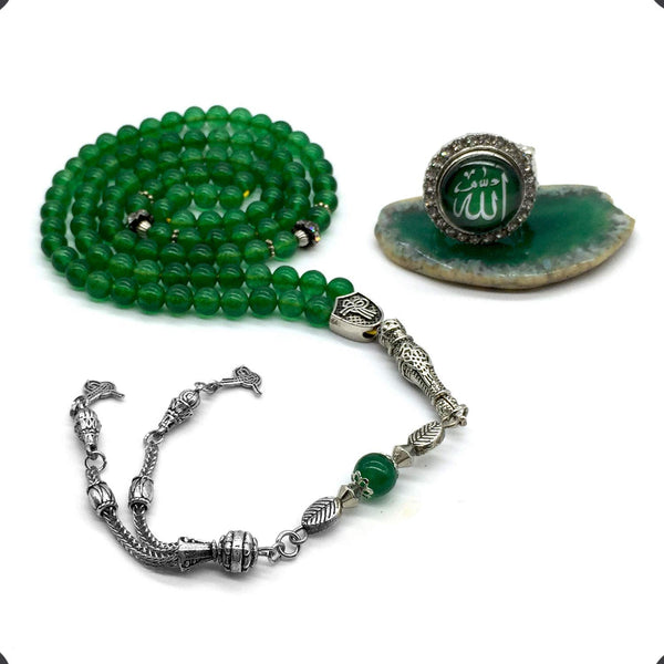 ALBATROSART -Prayer and Worry Beads with Matching Stretch Ring - Elastic Ring -Tesbih-Tasbih-Misbaha-Subha-Sibha-Rosary (Green Jade -6 mm-99 Small Beads and Stretch Ring)
