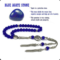 ALBATROSART Design - Long & Stylist Tassels Worry Beads - Prayer Beads (8 mm-33 Beads) Tesbih-Tasbih-Tasbeeh-Misbaha-Subha-Sebha-Sibha-Rosary (Blue Agate Natural Stone)