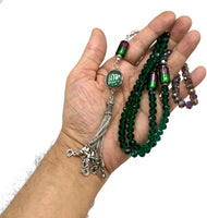 Special for Women Muslim Prayer Beads- Tesbih-Tasbih-Tasbeeh-Misbaha-Masbaha-Subha-Sebha-Sibha-Worry Beads (Dark Green & Purple Crystal - 6x8 mm 99 Beads - Allah Tasselt)