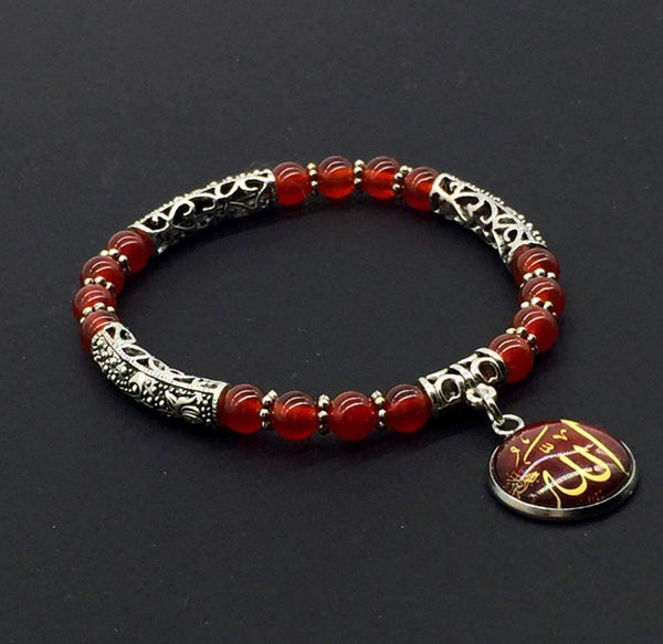 Red Agate Stone (6 mm) Small Beads Bracelet with ALLAH Pattern (Ethnic Wallet Gift)