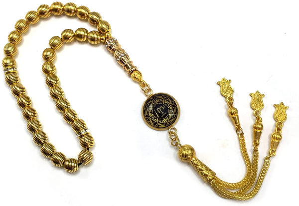 -Antique Silver Plated Collection- Worry Beads-Prayer Beads-Tesbih-Tasbih-Tasbeeh-Misbaha-Masbaha-Subha-Sebha-Sibha-Rosary (Antique Gold Plated and Rhinestone Alloy European Beaded and Allah Tassel -7 mm-33 Beads)