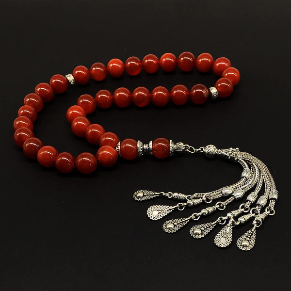 -Big Beads Series- Prayer Beads-Worry Beads-Tesbih-Tasbih-Tasbeeh-Misbaha-Masbaha-Subha-Sebha-Sibha-Rosary (Red Agate Stone Prayer Beads with Metal Tassel 12 mm 33 Beads)