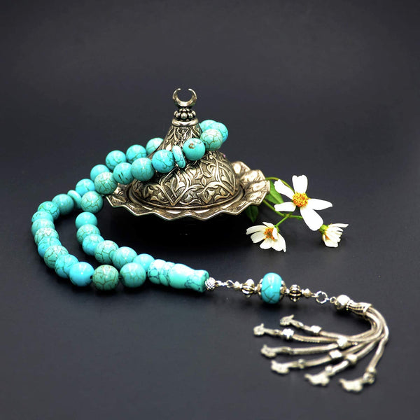 -Big Beads Series- Prayer Beads-Worry Beads-Tesbih-Tasbih-Tasbeeh-Misbaha-Masbaha-Subha-Sebha-Sibha-Rosary (Synthetic Turquoise Stone with Metal Tassel - (12 mm-33 Beads)