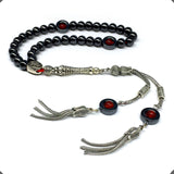 ALBATROSART Design - Long & Stylist Tassels Worry Beads - Prayer Beads (8 mm-33 Beads) Tesbih-Tasbih-Tasbeeh-Misbaha-Subha-Sebha-Sibha-Rosary (Hematite with Red Agate)