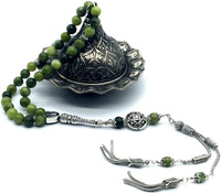 ALBATROSART Design -Latest Models New Long & Stylist Tassels Worry Beads - Prayer Beads (8 mm-33 Beads) Tesbih-Tasbih-Tasbeeh-Misbaha-Masbaha-Subha-Sebha-Sibha-Rosary (Green Jade Stone-Twin Tassel)