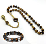 ALBATROSART Design -Tiger Eye Stone Series Worry Beads - Prayer Beads (8 mm-33 Beads) Tesbih-Tasbih-Tasbeeh-Misbaha-Masbaha-Subha-Sebha-Sibha-Rosary (Orient Gold Tassel and Tiger Eye Bracelet)