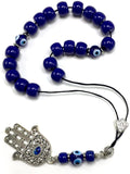 Greek KOMBOLOI Series Worry Beads Begleri Pony Anxiety Beads Rosary Relaxation Stress Relief  (Navy Blue Resin & Evil Eye Drum -13X9 mm- 19 Big Beads and Hamsa Tassel)