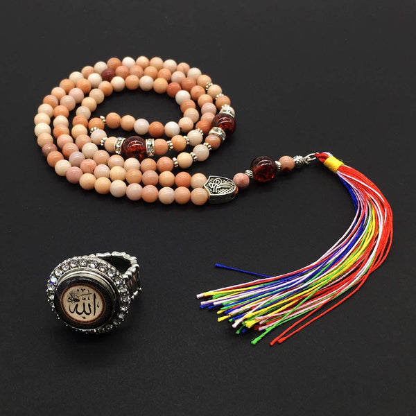 ALBATROSART -Red Aventurine Stone -6mm -99 Small Beads - Worry Beads with Matching Stretch Ring - Elastic Ring with Replaceable Snap Button -Tesbih-Tasbih-Misbaha-Subha-Sibha-Rosary