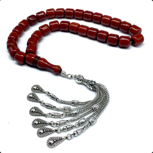 -Big Beads Series- Prayer Beads-Worry Beads-Tesbih-Tasbih-Tasbeeh-Misbaha-Masbaha-Subha-Sebha-Sibha-Rosary (-Elegant Burgundy Cylinder Bakelite Beads-12x11 mm-33 Beads-)
