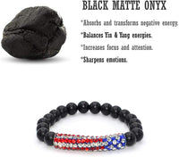 Black Matte Onyx Bracelet with American Flag Rhinestone Curved Tube Beads (Ethnic Wallet Gift)