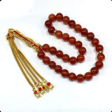 ALBATROSART -Elegance Collection- Prayer Beads-Tesbih-Tasbih-Tasbeeh-Misbaha-Masbaha-Subha-Sebha-Sibha-Rosary (Red Agate with Zirconia Stone Gold Plated Tassel -8 mm 33 Beads-)