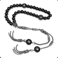 ALBATROSART Design - Long & Stylist Tassels Worry Beads - Prayer Beads (8 mm-33 Beads) Tesbih-Tasbih-Tasbeeh-Misbaha-Subha-Sebha-Sibha-Rosary (Black Hematite - Silver Plated)