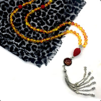 ALBATROSART -99 Beads with Scarf -Prayer Beads-Worry Beads-Tesbih-Tasbih-Tasbeeh-Misbaha-Subha-Sibha-Rosary (Leopar Shawl & Synthetic Golden -8 mm- Beads -Allah Tassel)