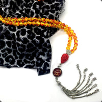 ALBATROSART -99 Beads with Scarf -Prayer Beads-Worry Beads-Tesbih-Tasbih-Tasbeeh-Misbaha-Subha-Sibha-Rosary (Leopar Shawl & Synthetic Golden -8 mm- Beads -Allah Tassel)