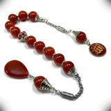 Zaza Stress Worry Beads-Prayer Beads-Tesbih-Tasbih-Tasbeeh-Misbaha-Masbaha-Subha-Rosary (-Red Agate Natural Stone (12 mm) Beads and Allah Pattern-)